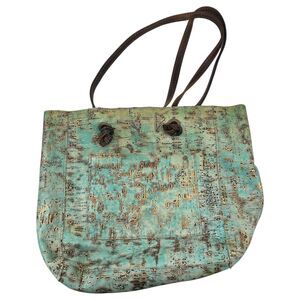 Canoe Leather Distressed Textured Teal Blue Shoulder Bag Tote Handbag Purse